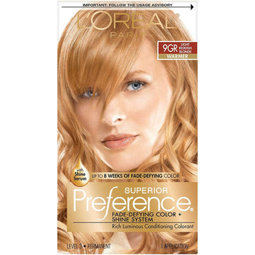 L’Oréal Paris Superior Preference 9GR rubio-claro-rojizo, tono cálido para cabello radiante.