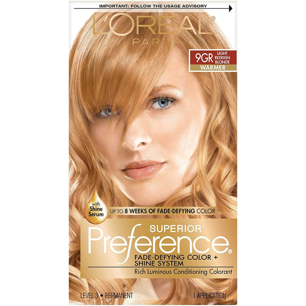 L’Oréal Paris Superior Preference 9GR rubio-claro-rojizo, tono cálido para cabello radiante.