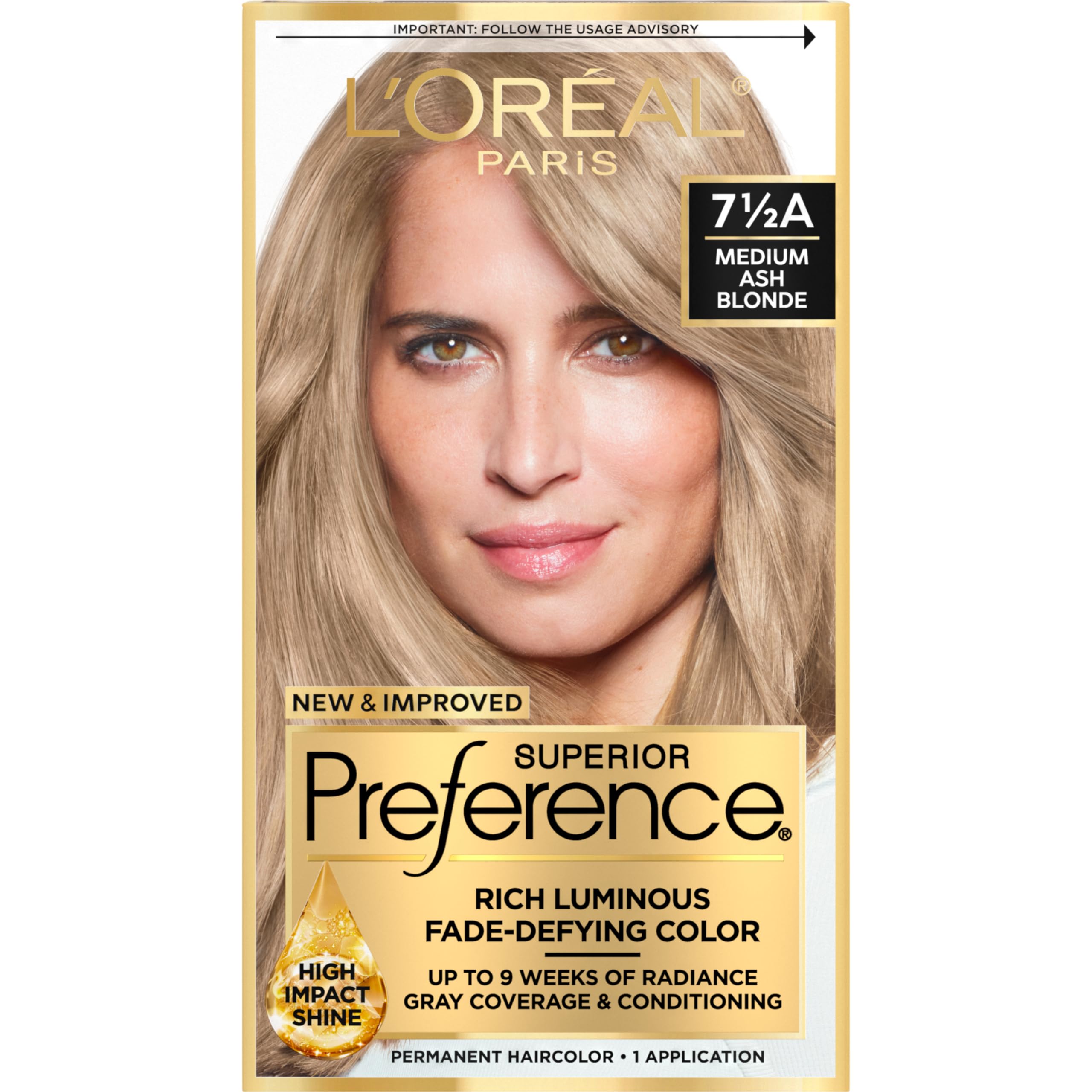 Coloración permanente L'Oreal Paris Superior Preference en rubio ceniza medio para cobertura uniforme.
