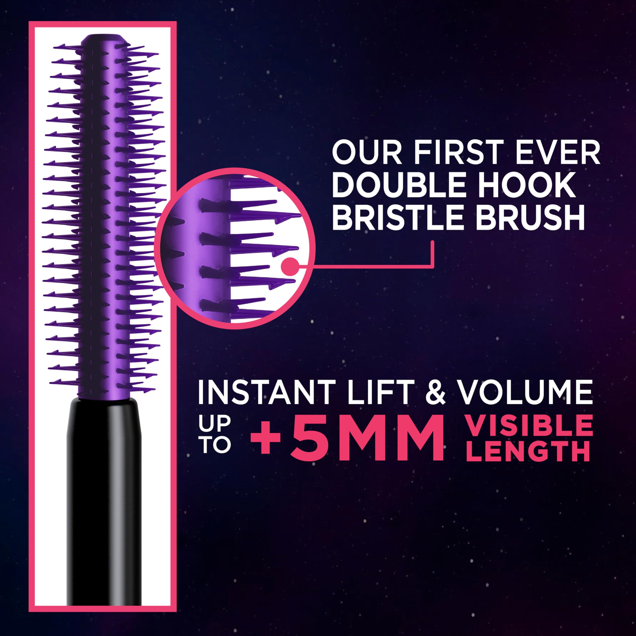 L'Oreal Paris Telescopic Lift Mascara brush close-up with dual-hook bristles for loading and lifting.