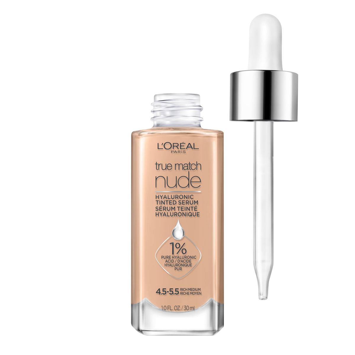 L'Oréal Paris True Match Nude Hyaluronic Serum bote mostrando hidratación suave para un tono uniforme