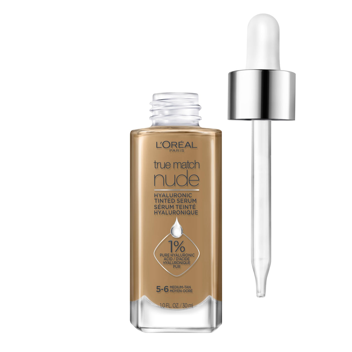 L’Oréal Paris True Match Nude Serum en bote, hidratación suave y acabado natural.