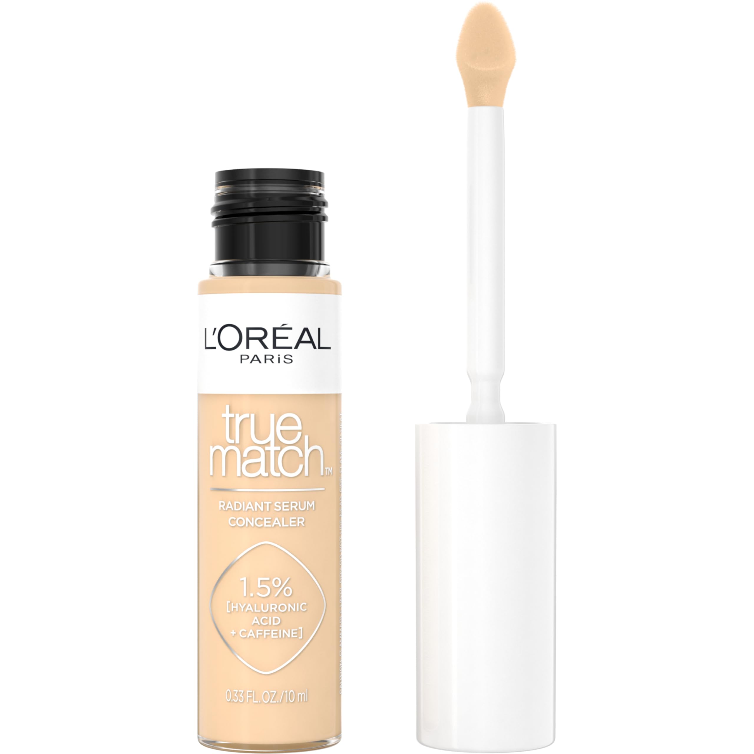 L’Oréal Paris True Match Radiant Serum Concealer con aplicador plano ofrece cobertura rápida y uniforme.