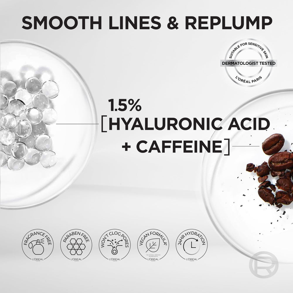 Hydration scene with hyaluronic acid and caffeine in concealer.