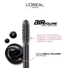 L’Oréal Paris Máscara Mega Volumen de Aire: cepillo de cerdas dobles captura y recubre cada pestaña.