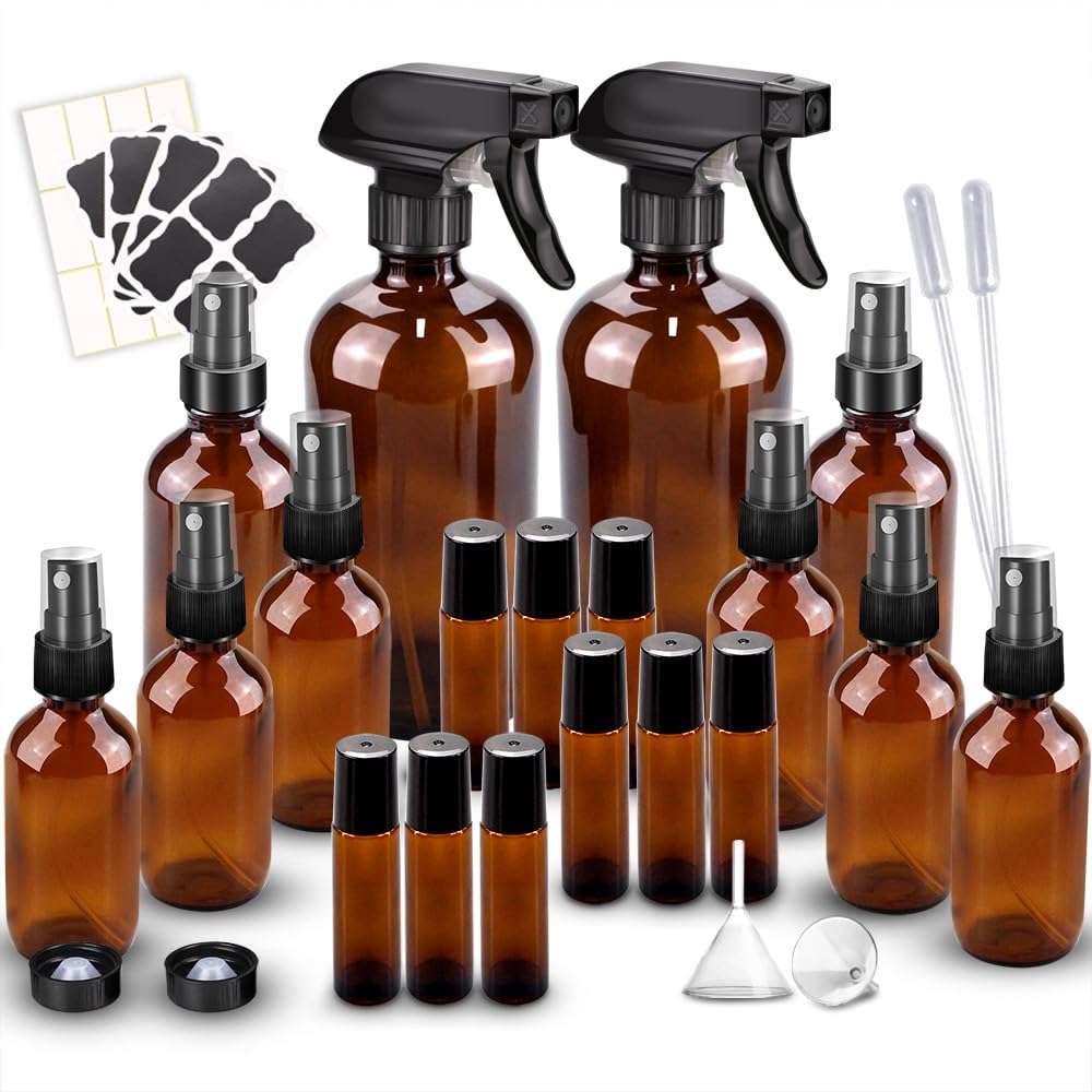 Botella Loretoy ámbar 16oz con atomizador para aceites esenciales.