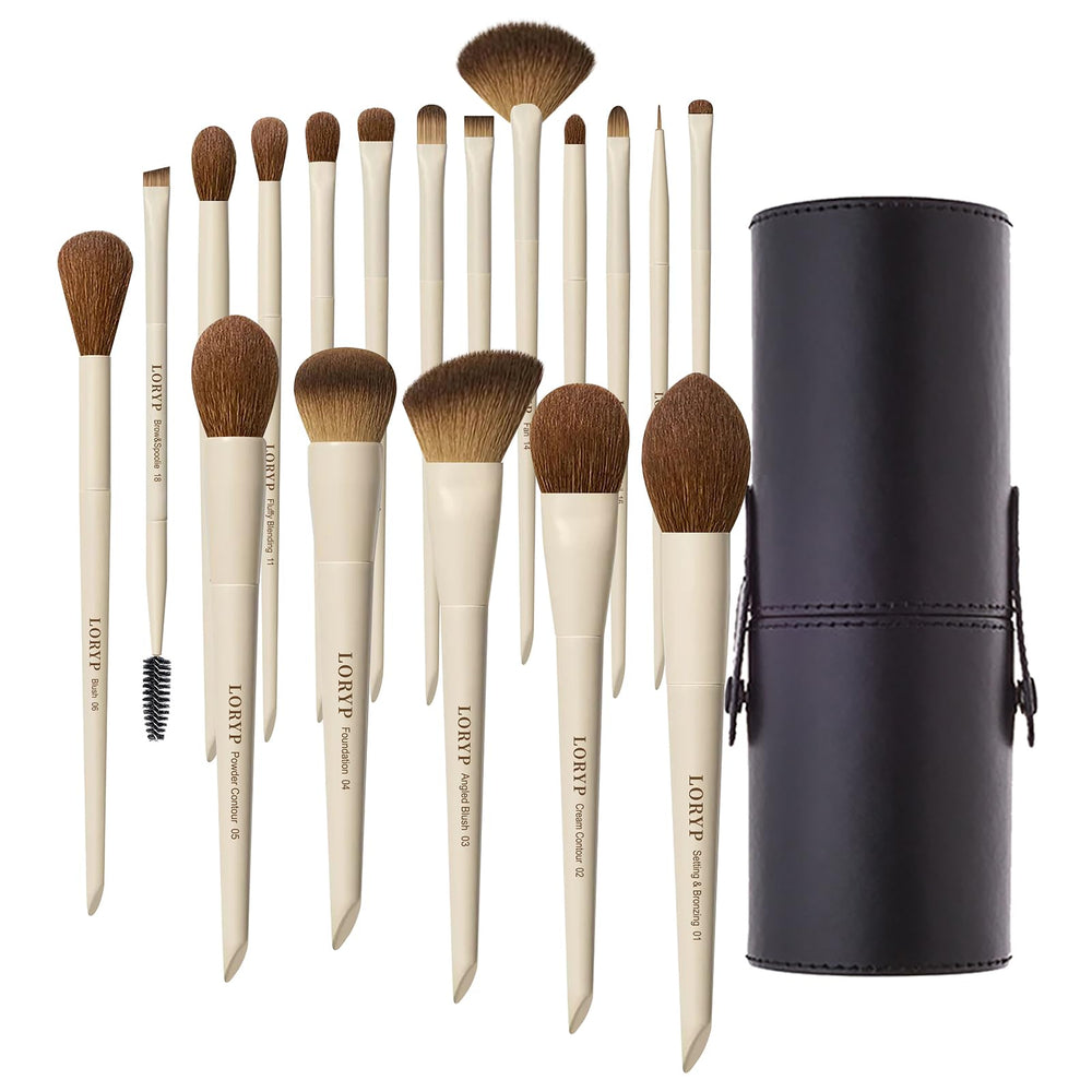 LORYP 18 brochas para maquillaje con estuche de viaje, ideal para retoques en movimiento.