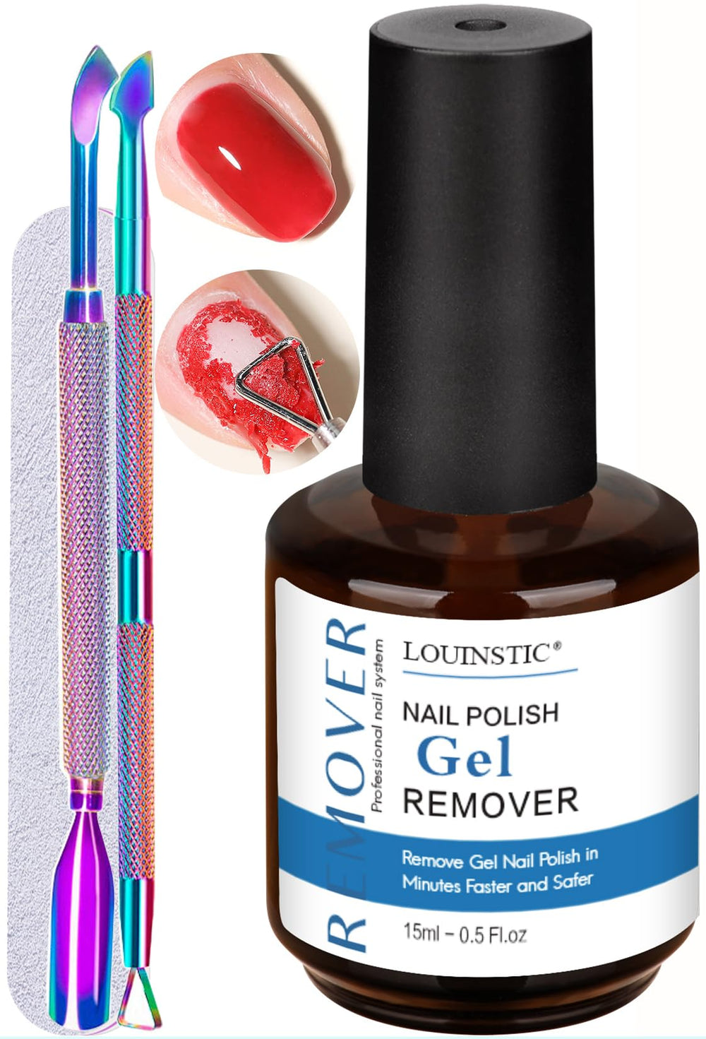 Louinstic gel remover 15ml: botella visible para una remoción rápida y limpia