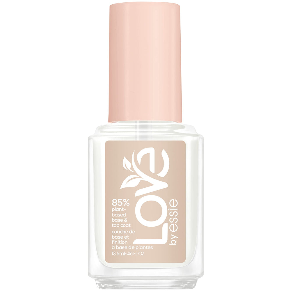 LOVE by essie: botella ligera y sostenible lista para base y top coat con brillo duradero.