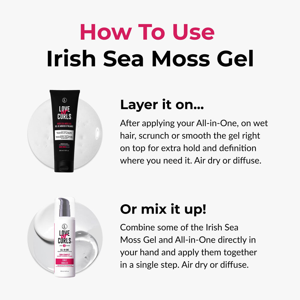 Love Ur Curls Gel Musgo Mar Irlandés, aplicación sencilla para peinar y definir diariamente.