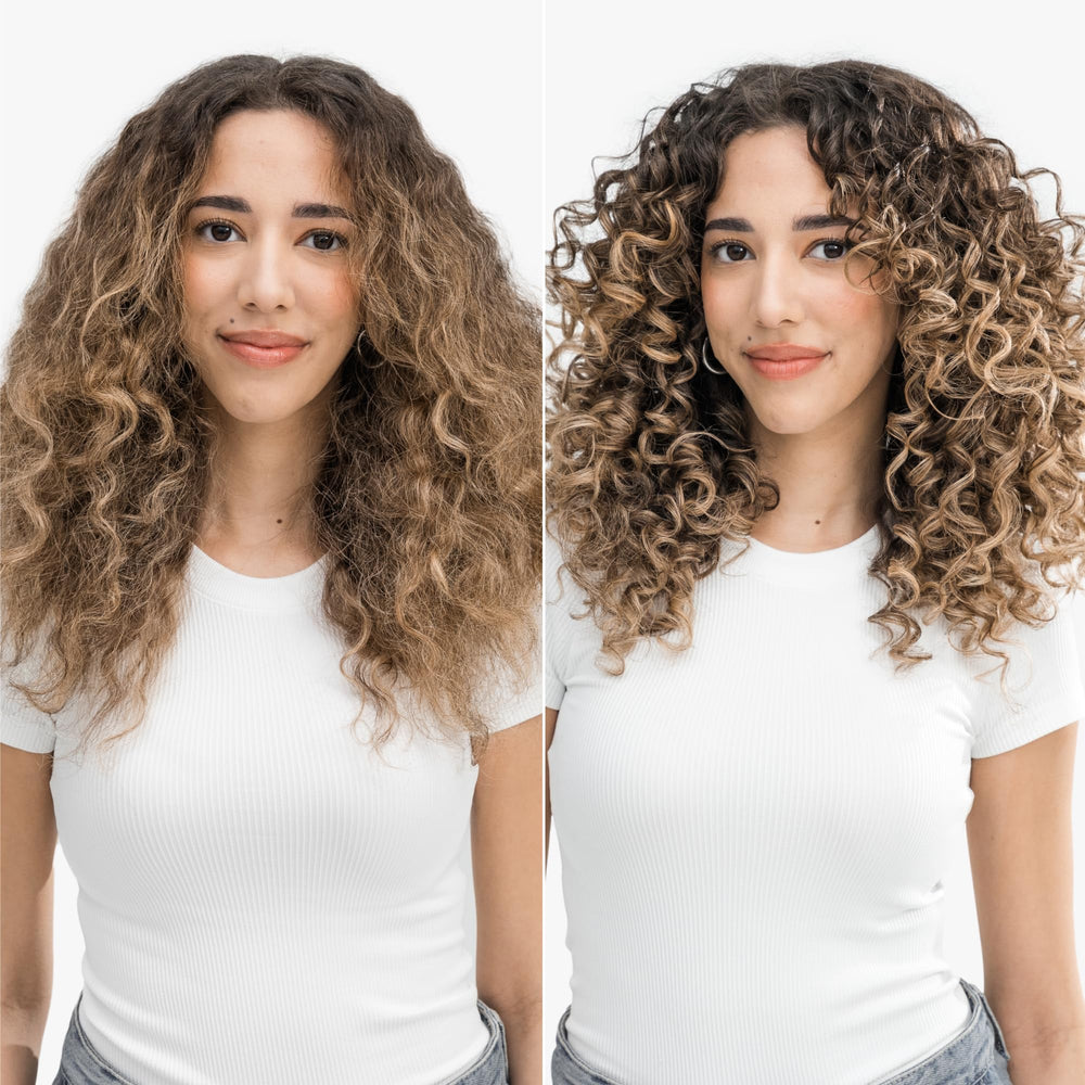 Love Ur Curls Volumizing Foam applying to hair demonstrates light lift at roots