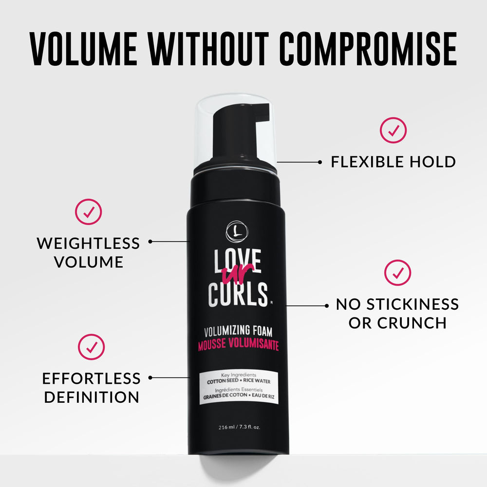 Love Ur Curls Volumizing Foam texture closeup shows airy, non-sticky mousse feel