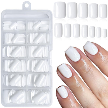 LoveOurHome uñas postizas blancas cortas cuadradas con pegamento para manicura rápida