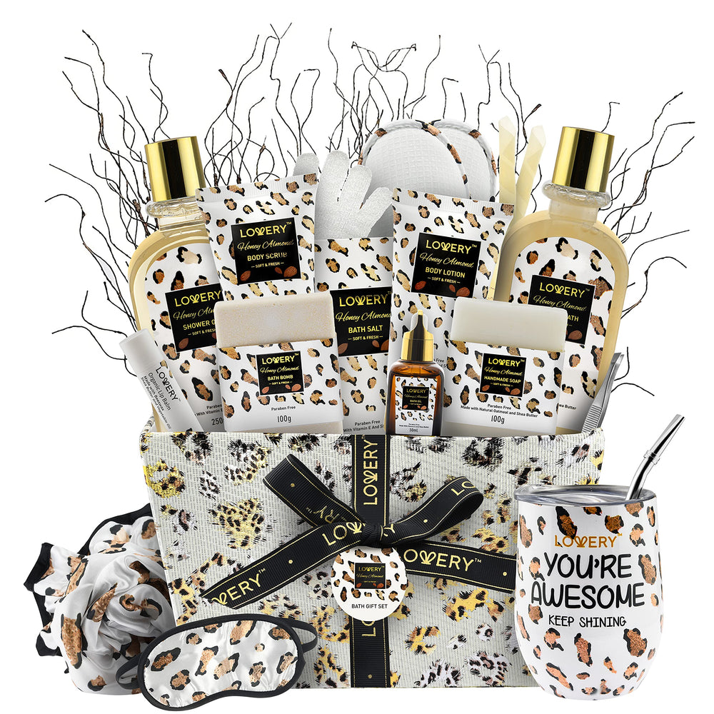 lovery kit spa lujo con cesta leopardo, sensación de lujo para el cuidado diario.