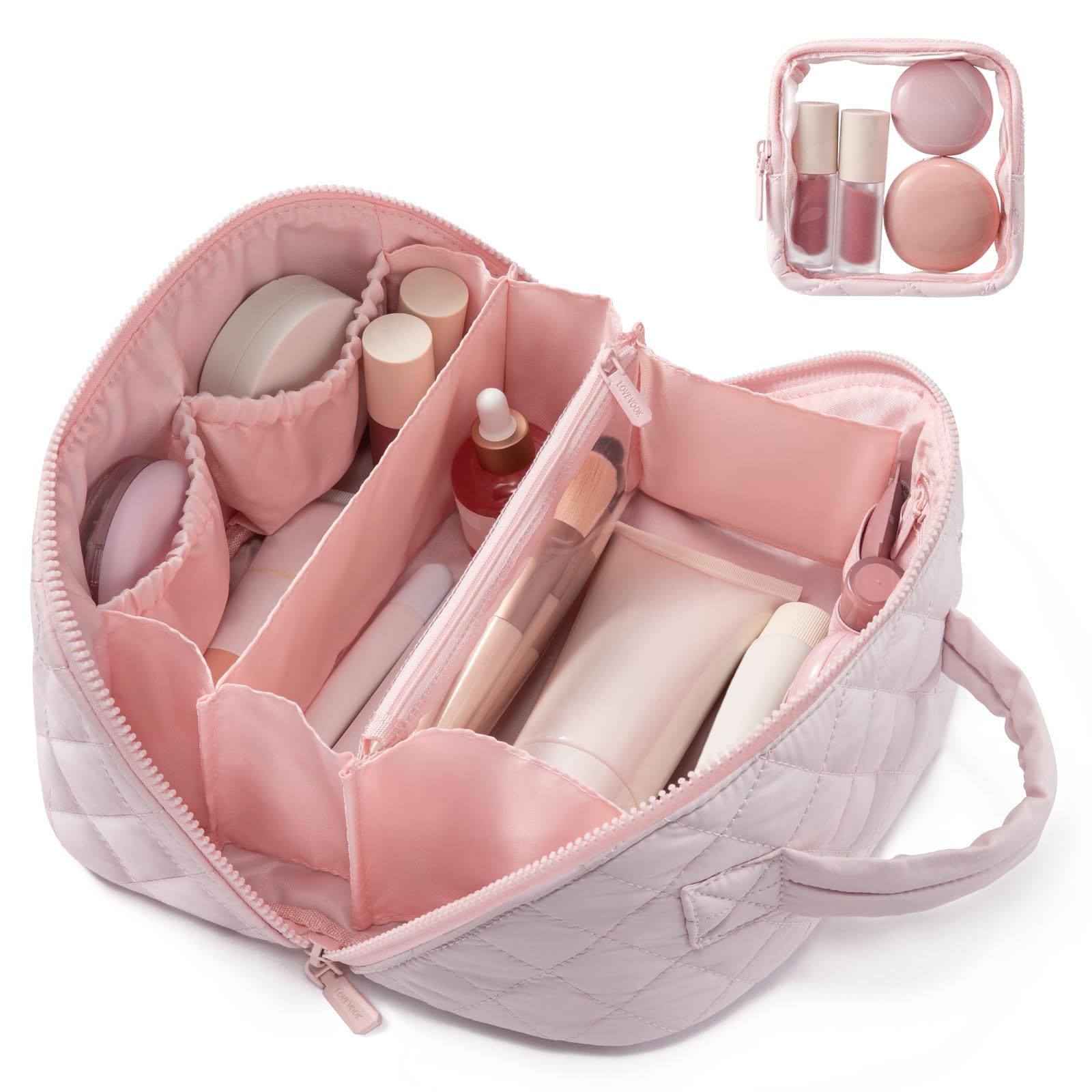 LOVEVOOK neceser de viaje rosa mediano abierto, acceso rápido a cosméticos y cuidado personal.