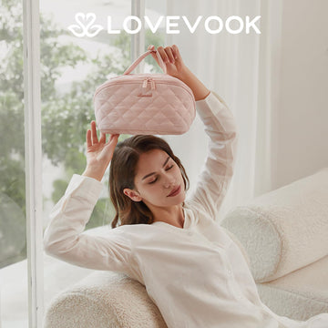 LOVEVOOK neceser rosa mediano con 5 compartimentos internos para organizar cosméticos.