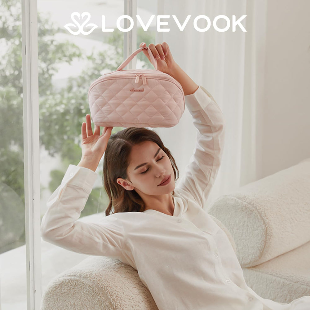 LOVEVOOK neceser rosa mediano con 5 compartimentos internos para organizar cosméticos.