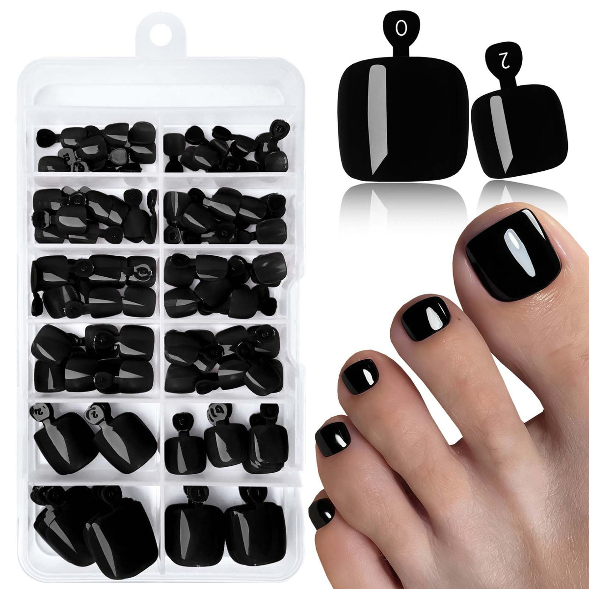 LoveOurHome Uñas postizas para pies negras, kit de 120 piezas para manicura rápida en casa.