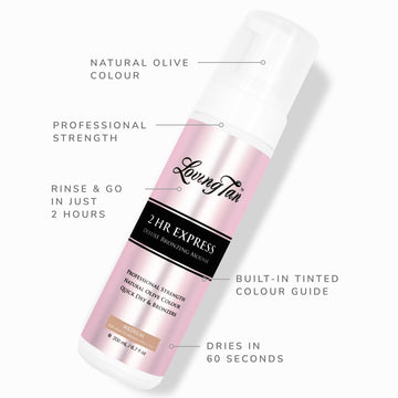 Loving Tan 2HR Express Mousse guía de color precisa para un acabado parejo.