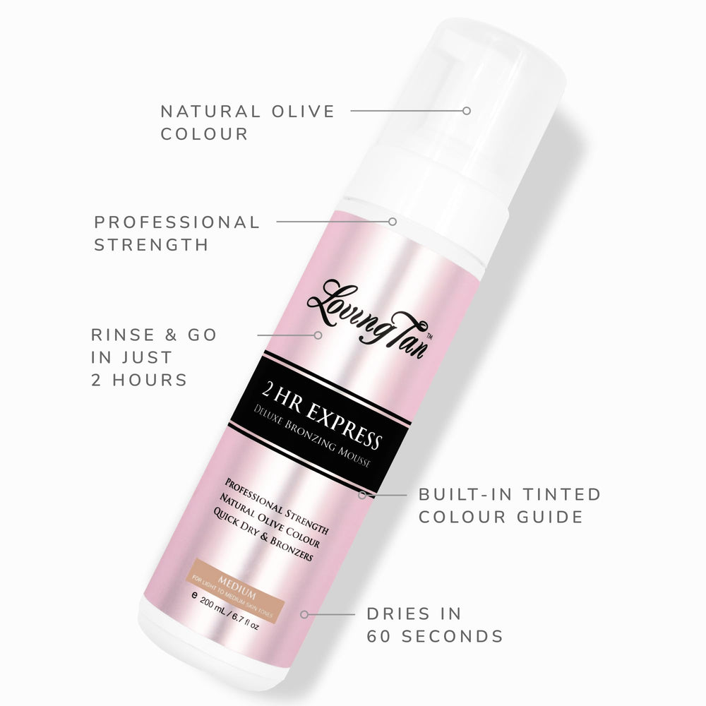 Loving Tan 2HR Express Mousse guía de color precisa para un acabado parejo.