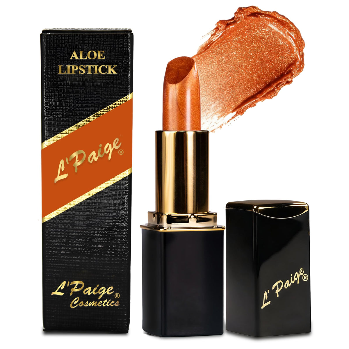 L'Paige Labial con acabado cobre esmerilado y brillo cálido para todos los tonos de piel.