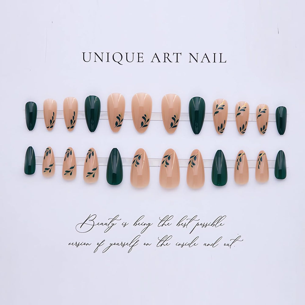 LPOODDNU set de 24 uñas almendra con diseño de hojas