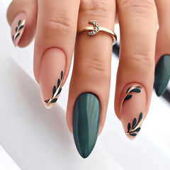 LPOODDNU uñas almendra verde oscuro con hojas, acabado brillante