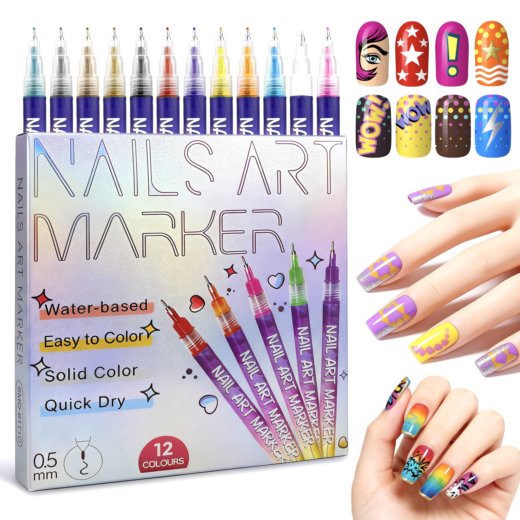 LRMEUMA set de bolígrafos para uñas, 12 colores, líneas finas fáciles de dibujar.