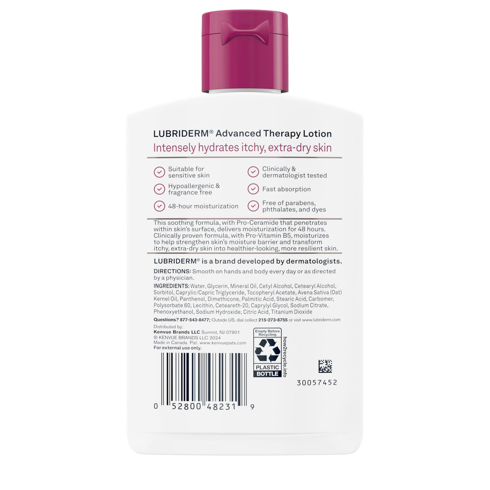 Envase claro de Lubriderm, muestra textura ligera al aplicar.