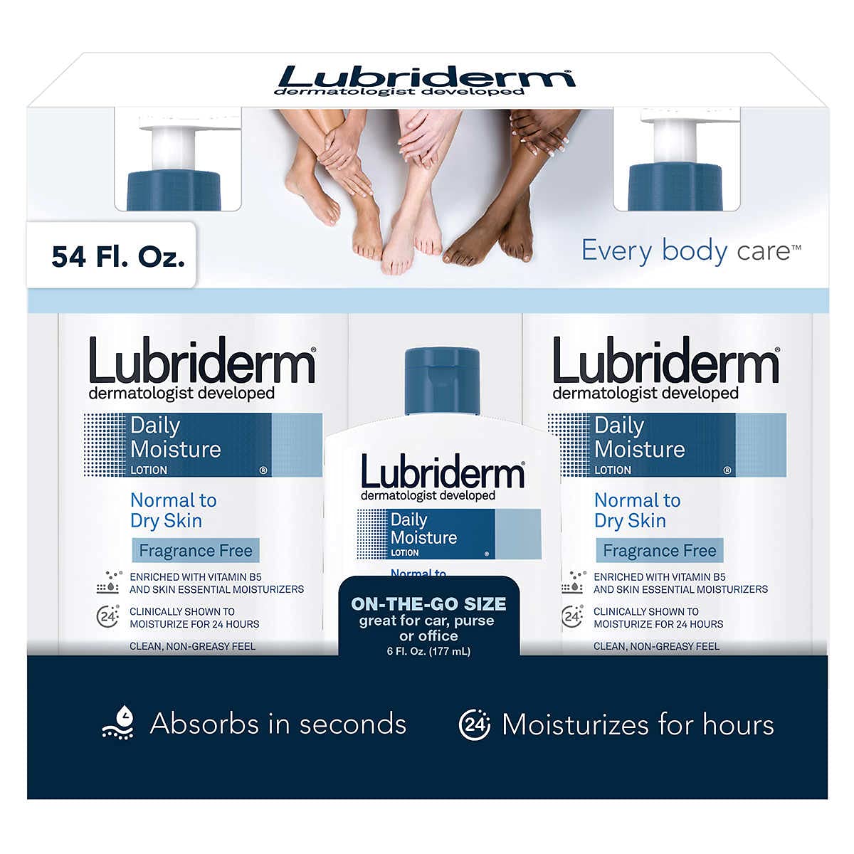 Lubriderm lotion hydratante quotidienne sans parfum, application pratique et hydratation légère.