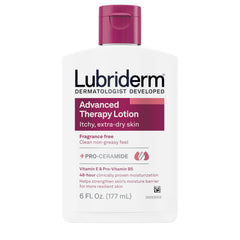 Lubriderm Terapia Avanzada sin fragancia, botella visible y hidratación suave para piel sensible.