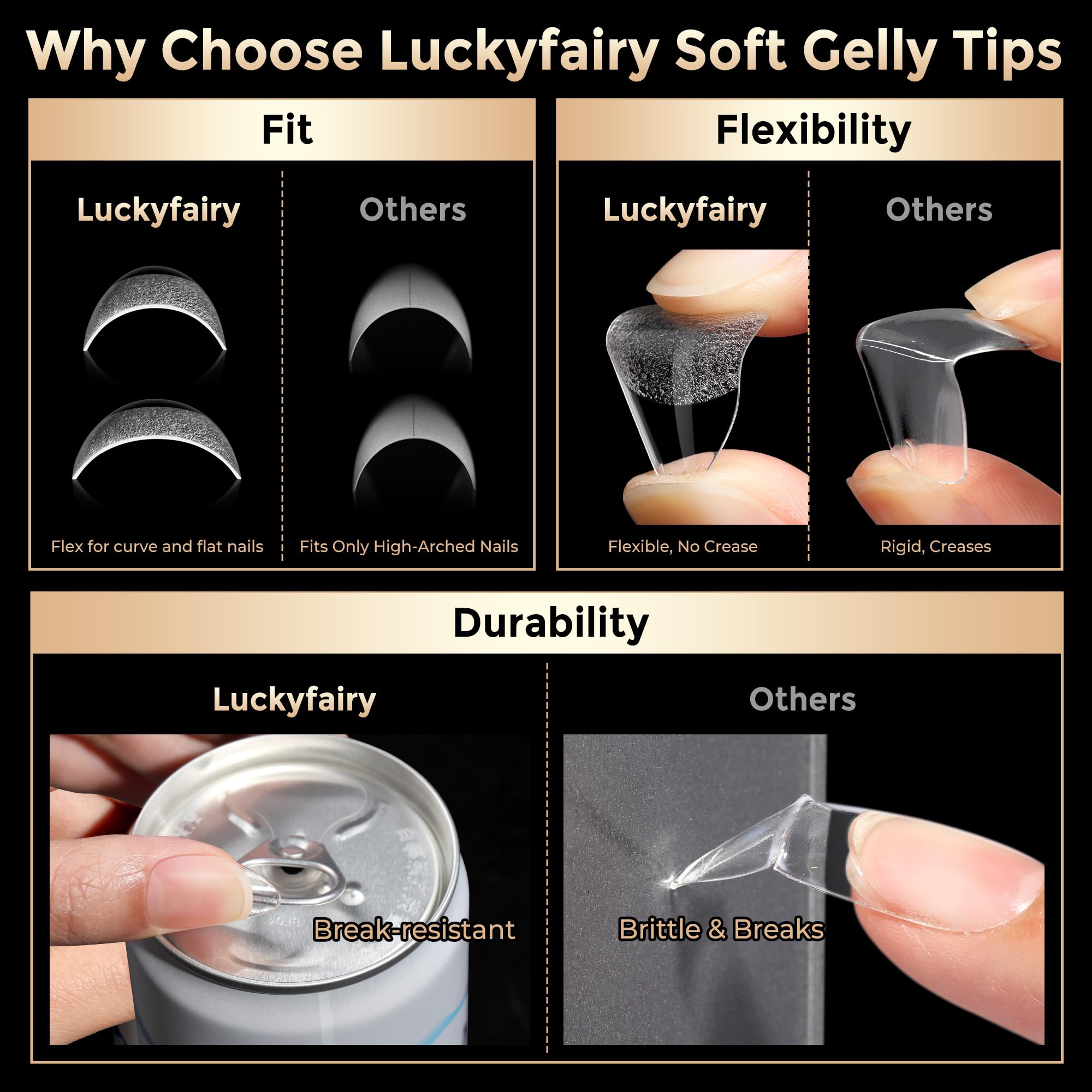Luckyfairy uñas almendra corta, material gel suave facilita flexión y aplicación.