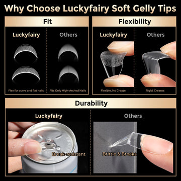 Luckyfairy uñas almendra corta, material gel suave facilita flexión y aplicación.