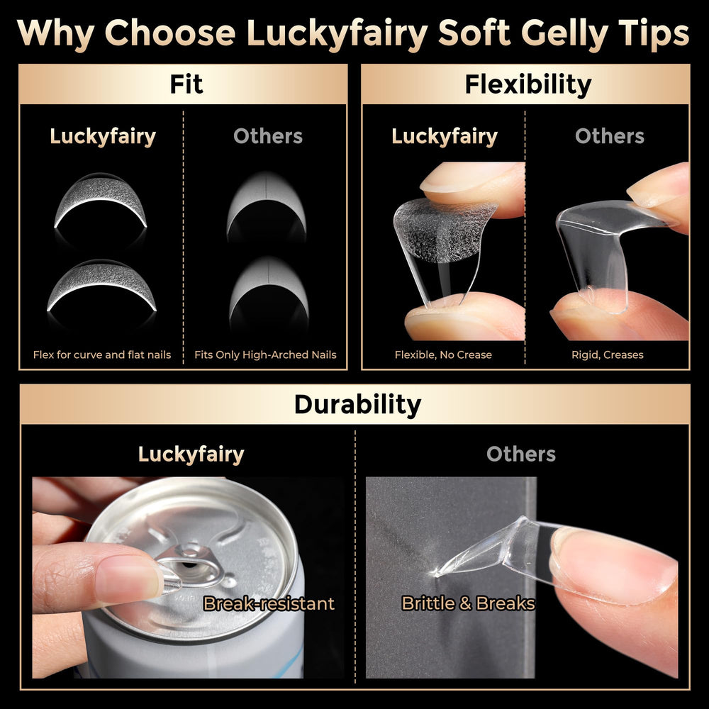 Luckyfairy uñas almendra corta, material gel suave facilita flexión y aplicación.