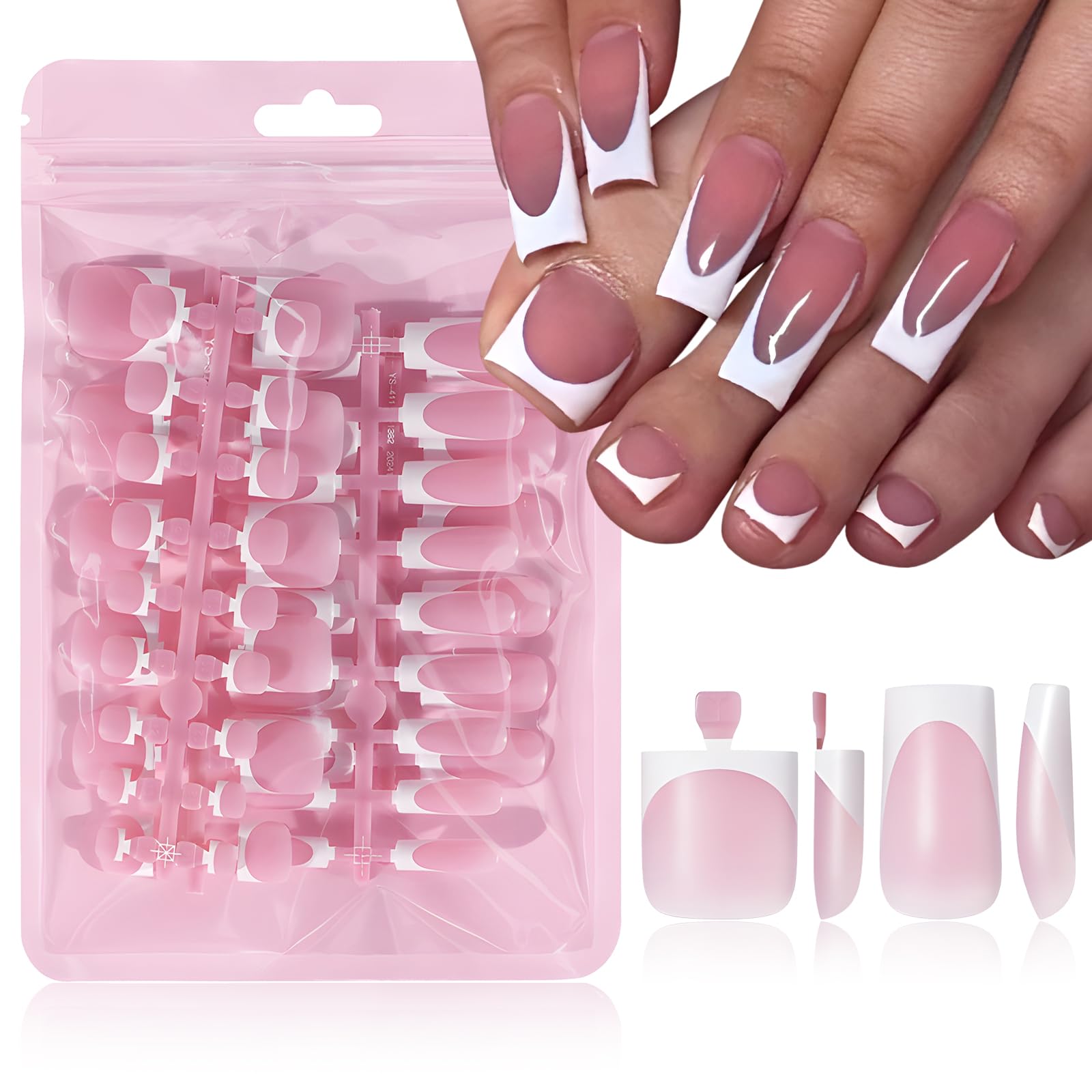 LuckForever uñas francesas blancas cuadradas medianas, estilo elegante para verano