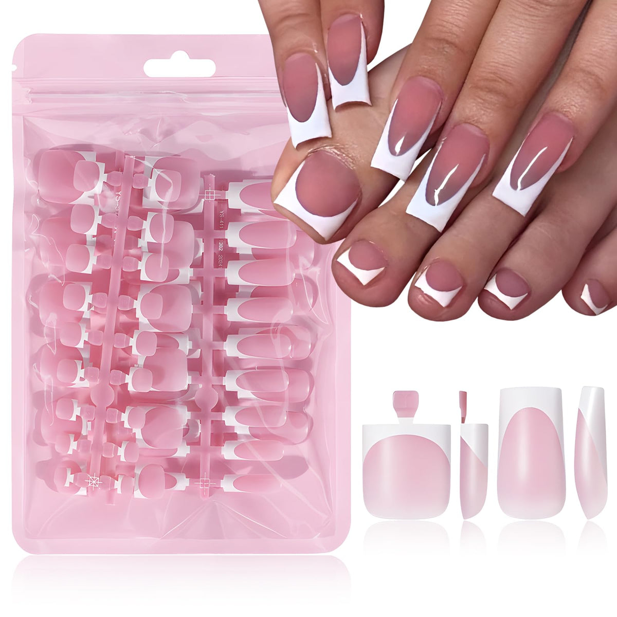 LuckForever uñas francesas blancas cuadradas medianas, estilo elegante para verano