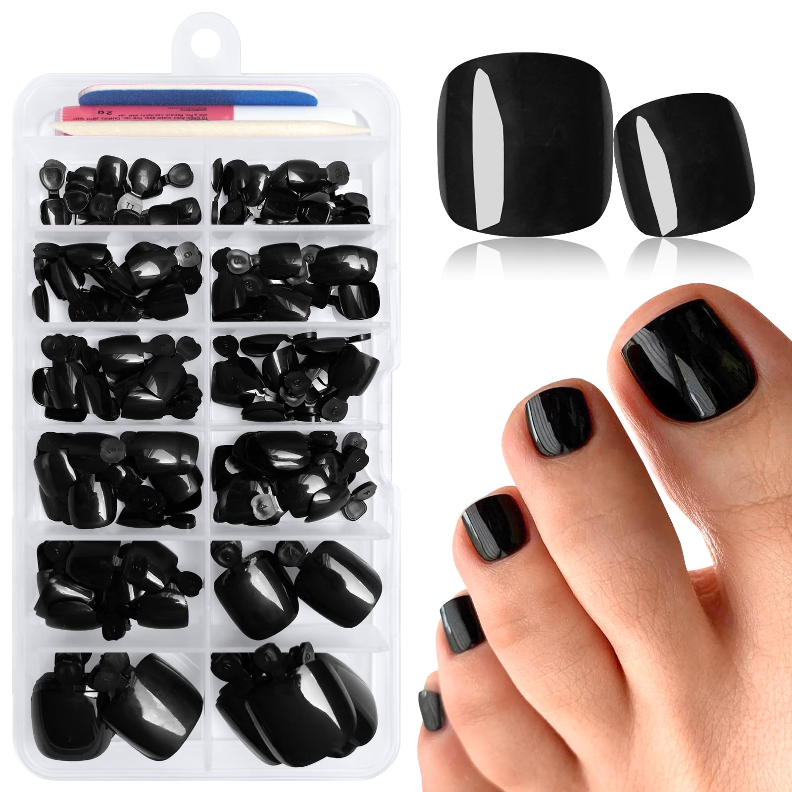 LuckForever uñas postizas para pies en negro con acabado natural