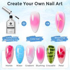 Primer plano de Luckyfairy Blooming Gel mostrando el efecto bloom en uñas