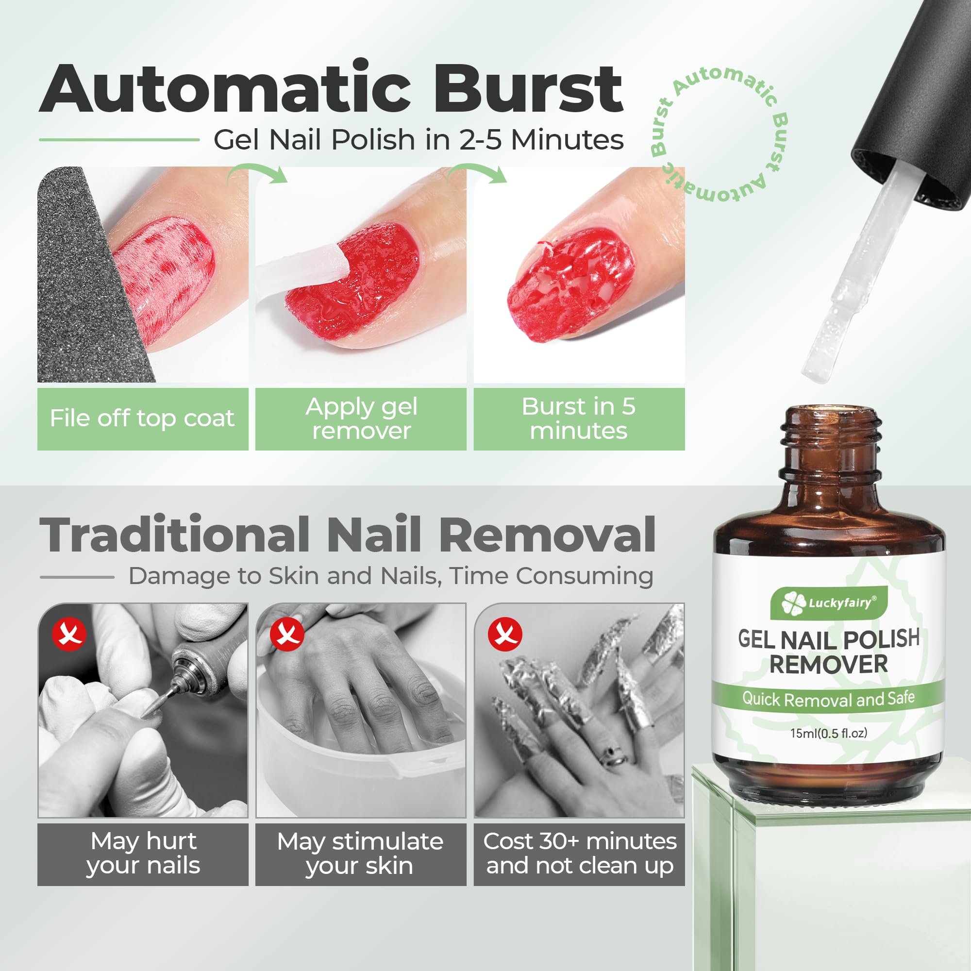 Luckyfairy burbujeas visibles al remover gel para facilitar la retirada.