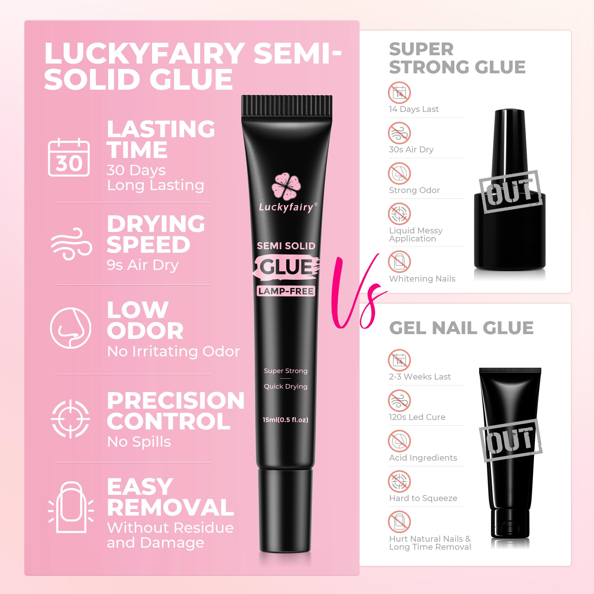 Luckyfairy pegamento uñas bajo olor, sin toxinas para uñas.