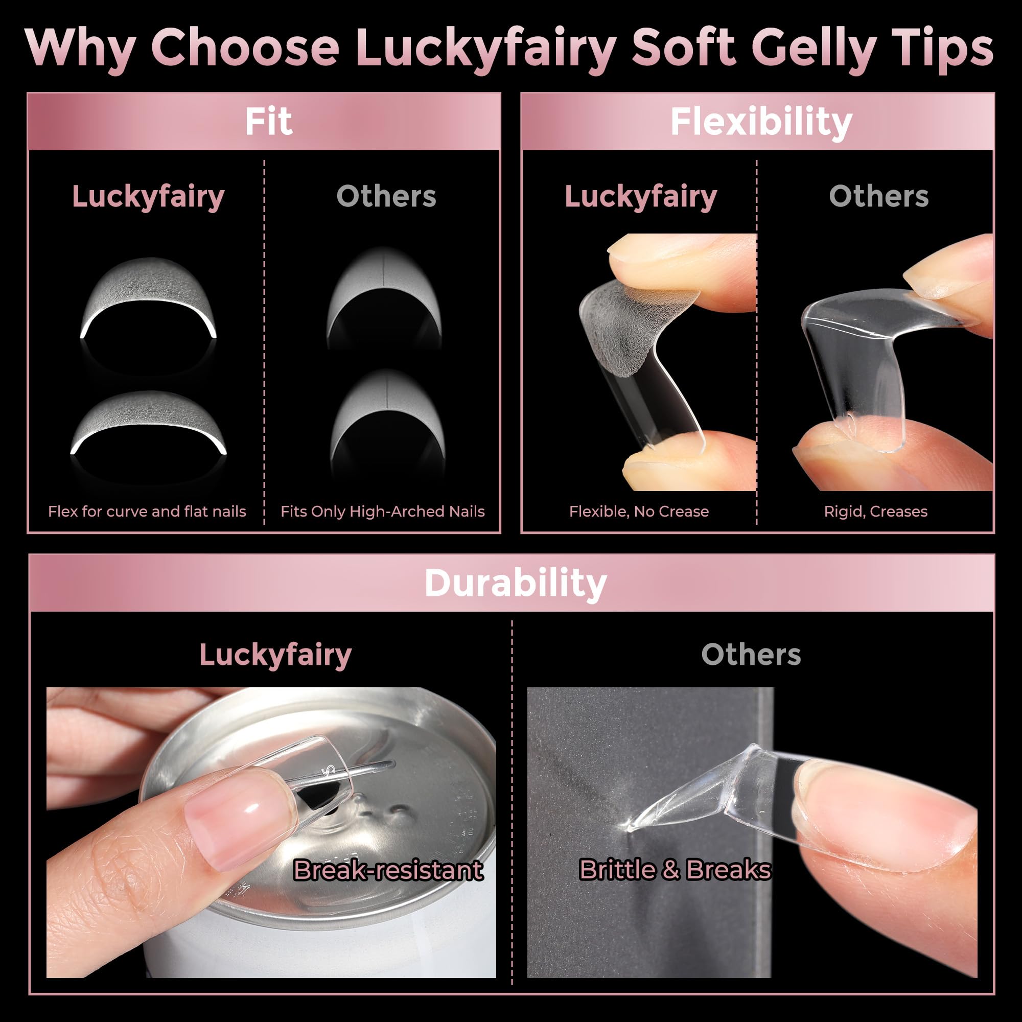 Luckyfairy puntas gel suave, doblables para manicura casera.