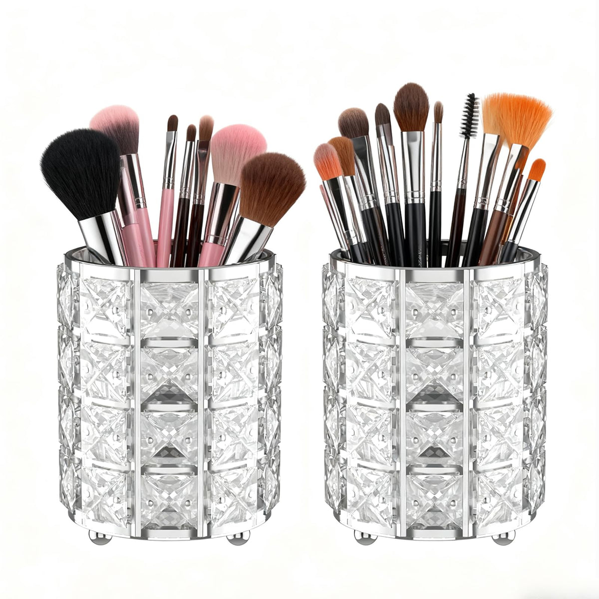 LUGUNU porta-brochas con cristal plateado, ideal para un tocador elegante y organizado.