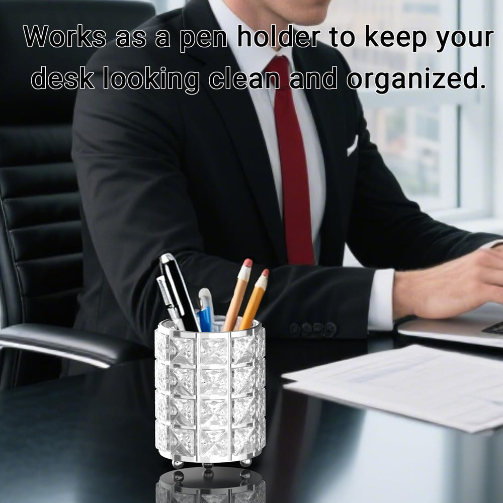 LUGUNU porta pinceles de cristal, borde plateado para escritorio.