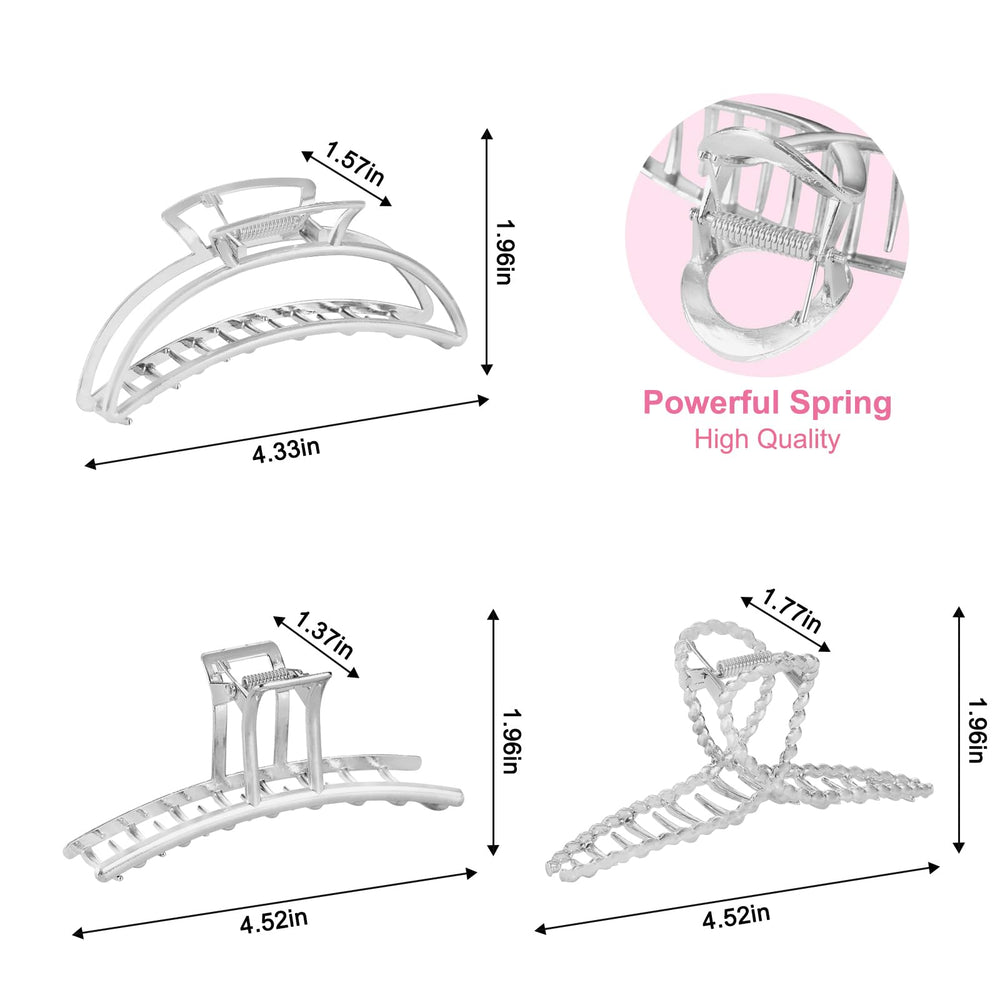 LUKACY garra grande plateada, vista lateral, ideal para cabello grueso y largo.