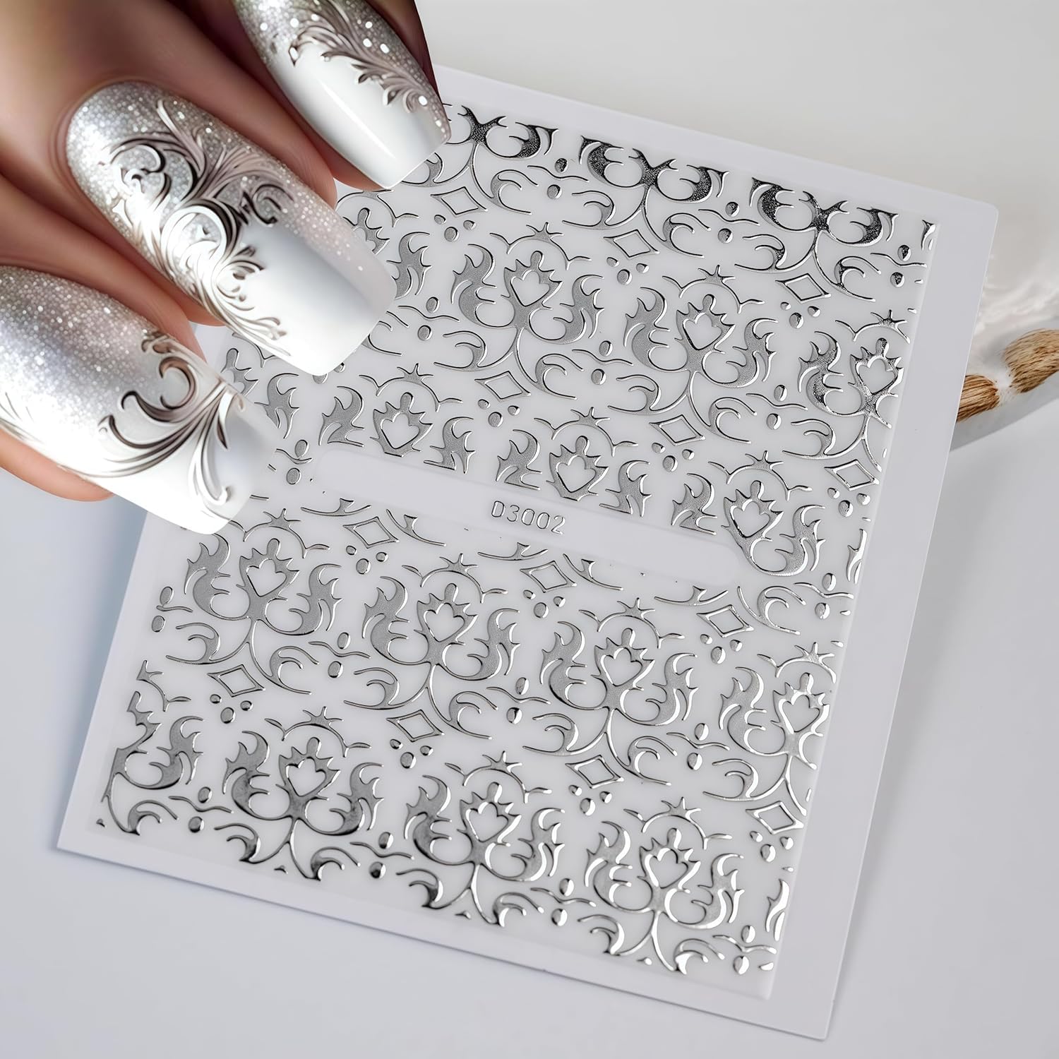 Lukmexor stickers uñas adhesivos encaje plateado, aplicación rápida y limpia.