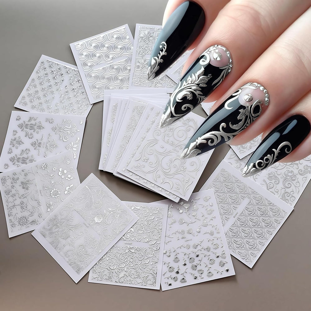 Lukmexor stickers uñas arte floral 3D plateado, aporta profundidad y brillo.