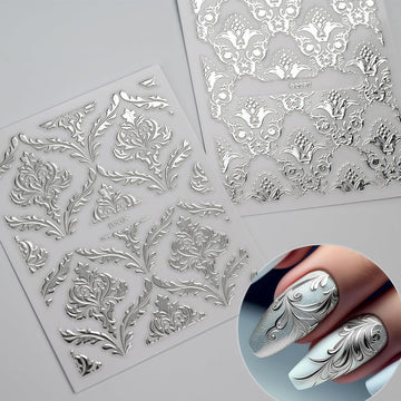 Lukmexor stickers uñas diseños florales plateados, combinan con manicuras naturales o artificiales.