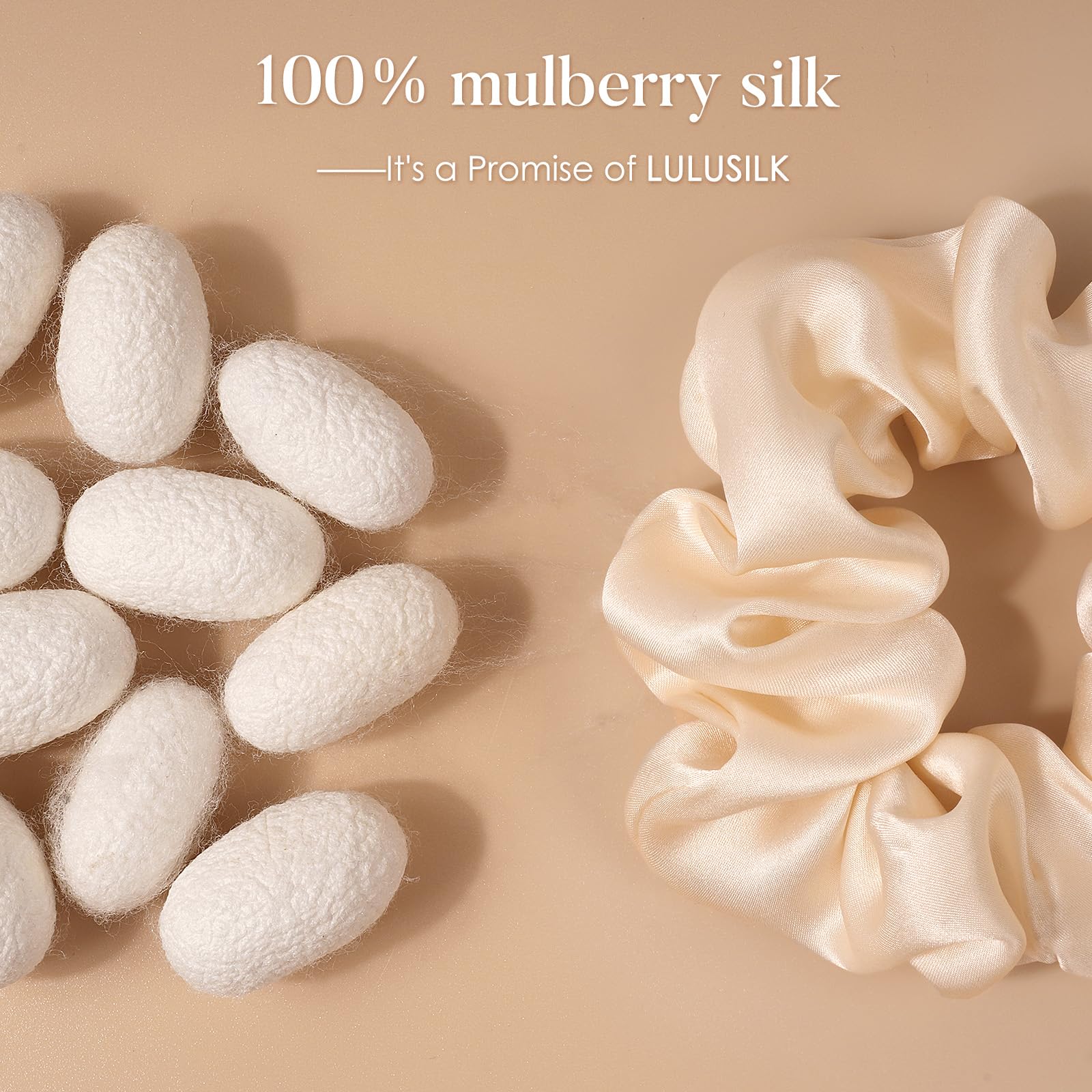 Paquete de tres scrunchies LULUSILK en seda Mulberry, versátiles para outfits.