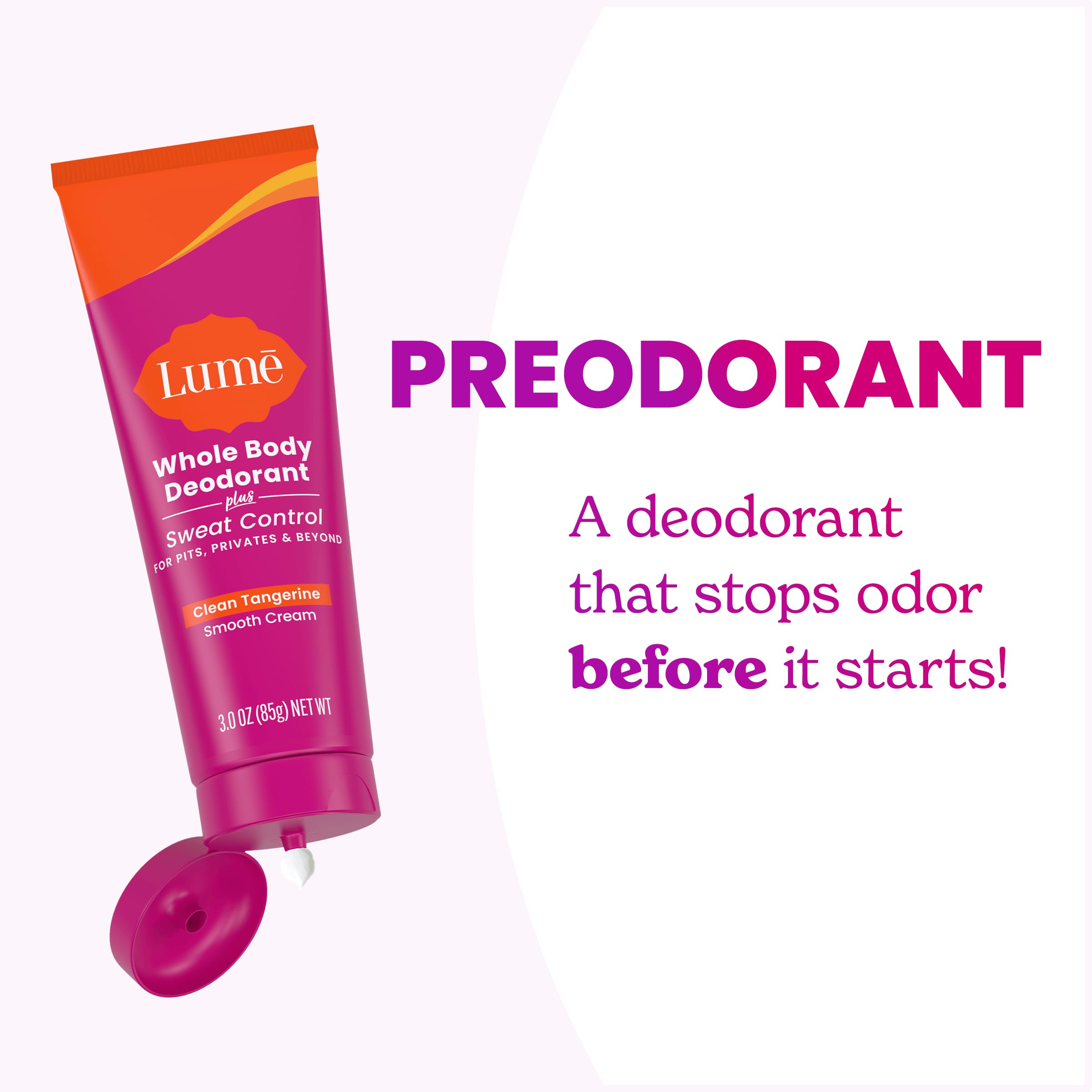 Lume desodorante para cuerpo, empaque con diseño naranja llamativo.