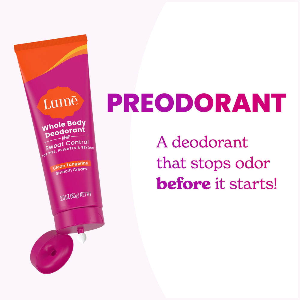 Lume desodorante para cuerpo, empaque con diseño naranja llamativo.